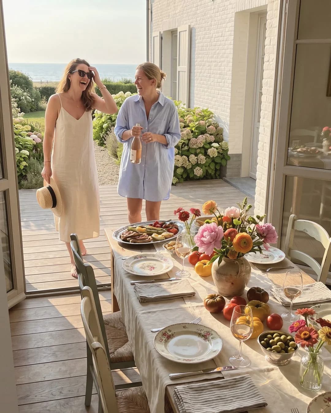 Table de dîner dressée avec des fruits, des fleurs et des assiettes sur une terrasse en bord de mer, deux femmes rient dans la lumière du soir