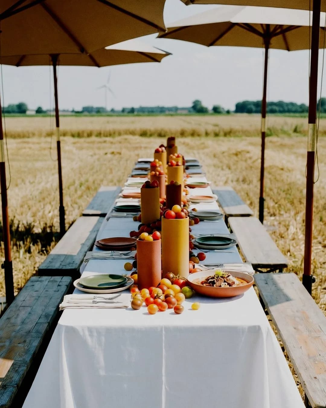 Lange houten tafel in een graanveld met witte loper, keramieken vaasjes en kleurrijke tomaten als tafeldecoratie