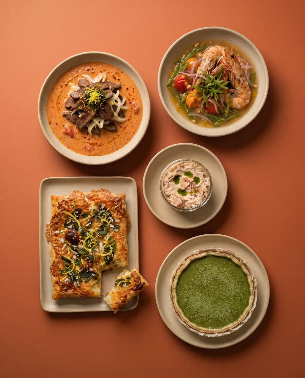 Une vue du dessus de cinq plats différents sur un fond en terre cuite, comprenant une tarte, une soupe aux crevettes et une tarte verte.