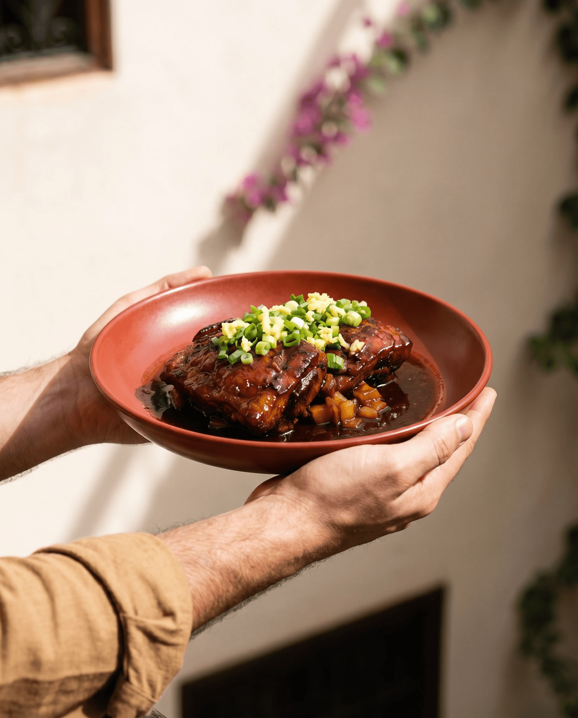 Braised Pork Belly in Dark Soy and Spice Sauce with Crushed Potato and Zucchini