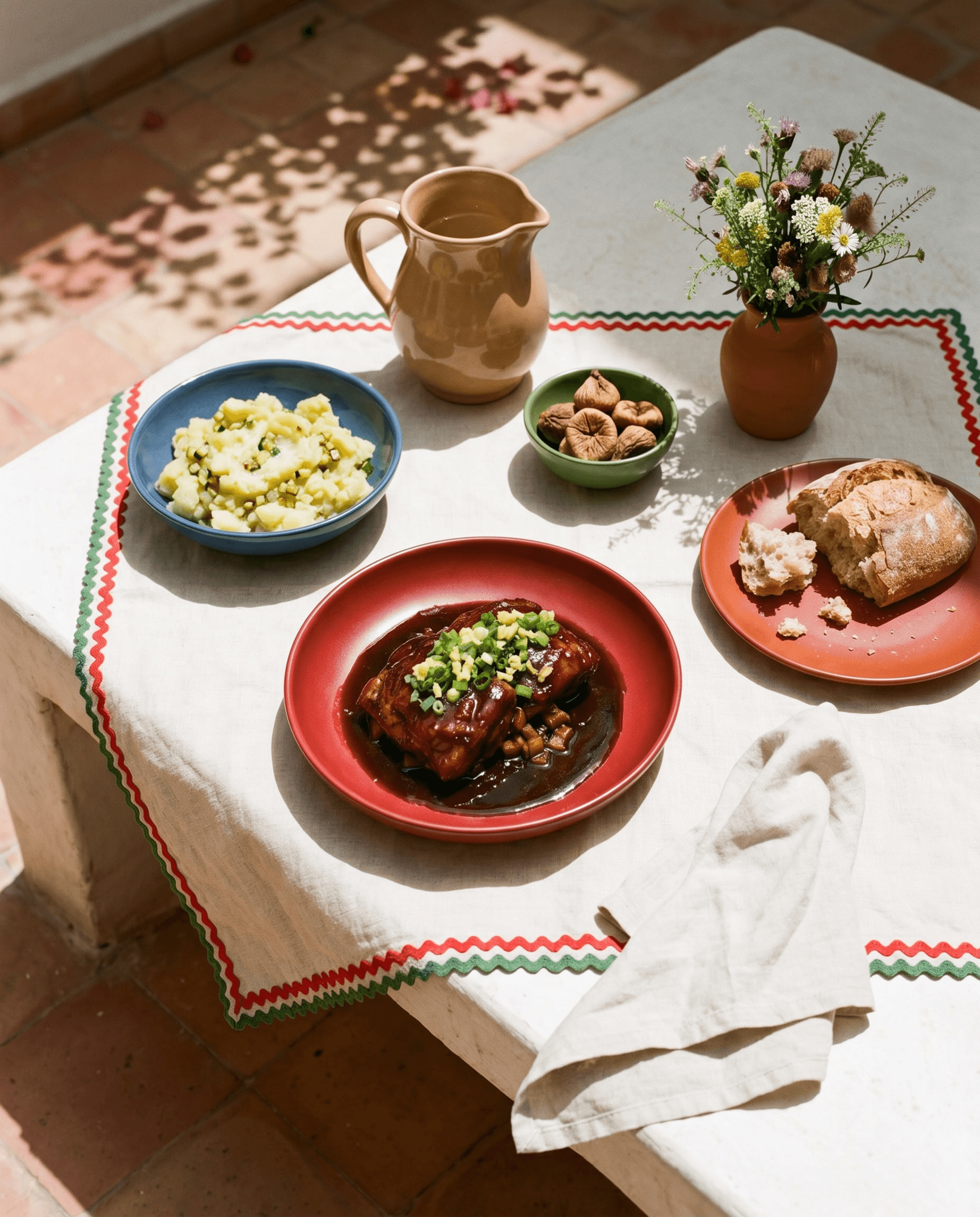 Braised Pork Belly in Dark Soy and Spice Sauce with Crushed Potato and Zucchini