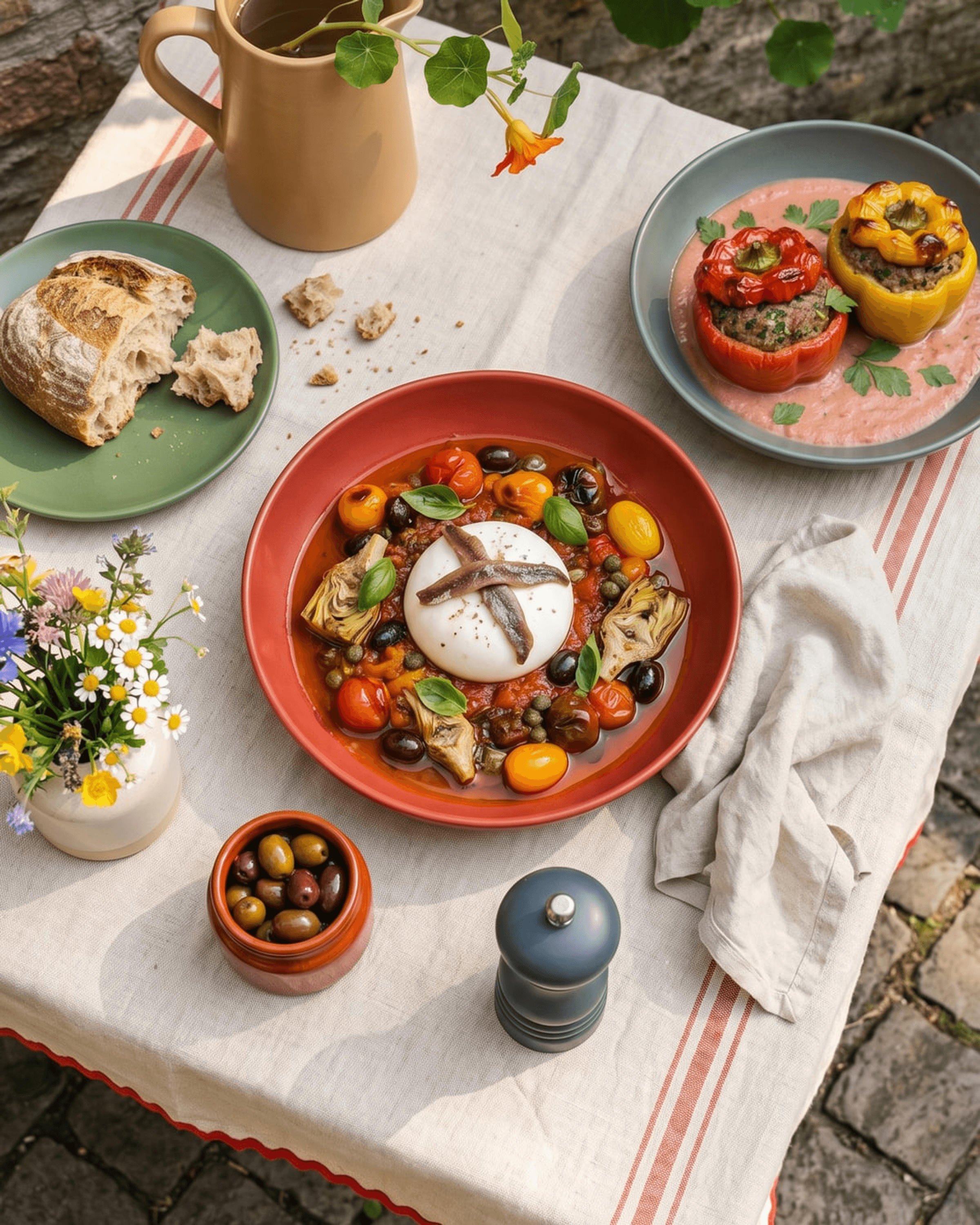 Burrata with Puttanesca Vegetables, Cherry Tomatoes, Olives, Artichokes, Anchovies and Basil