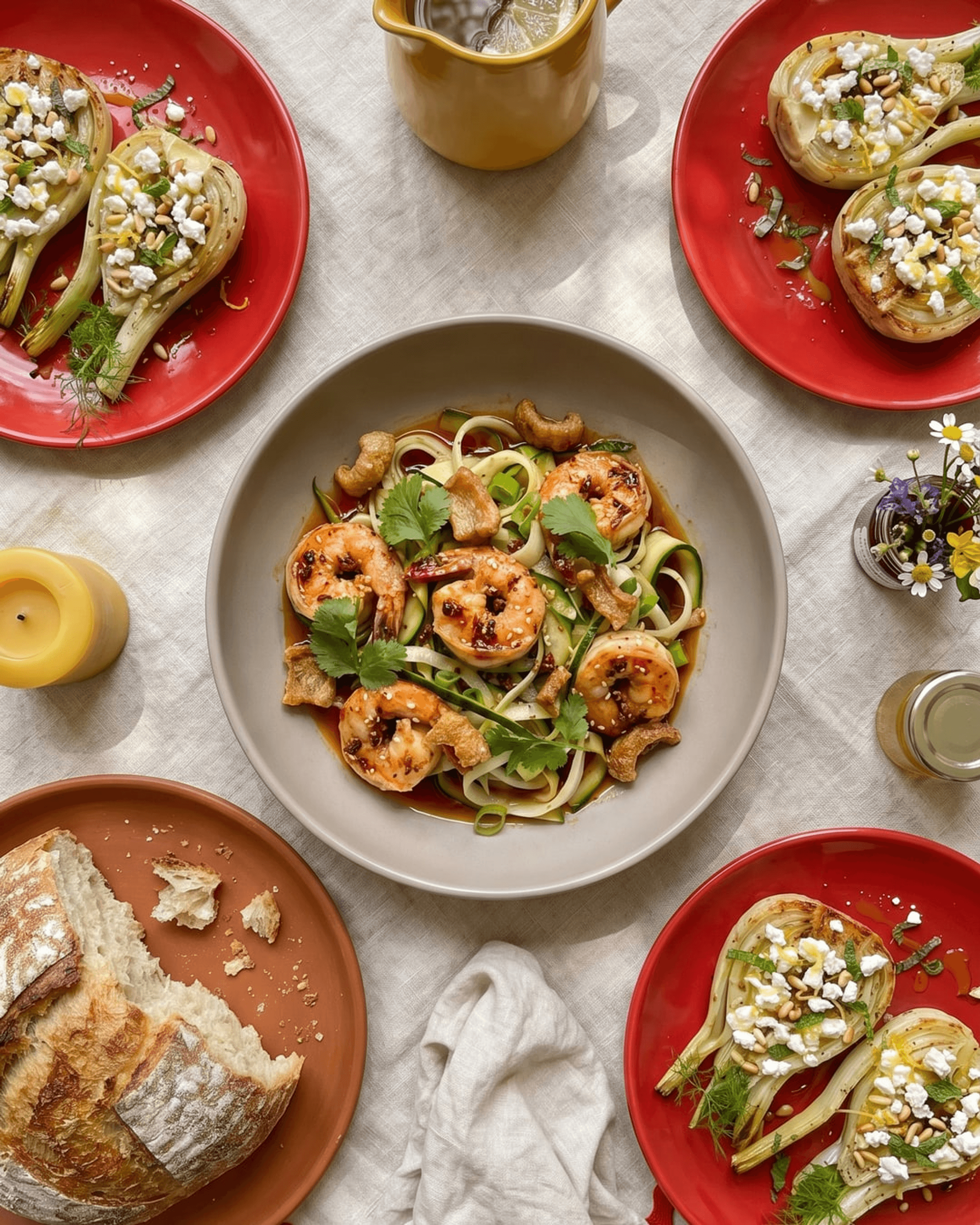 Sichuan Chilli Shrimp with Zucchini Noodles, Crispy Pork Skin and Sesame