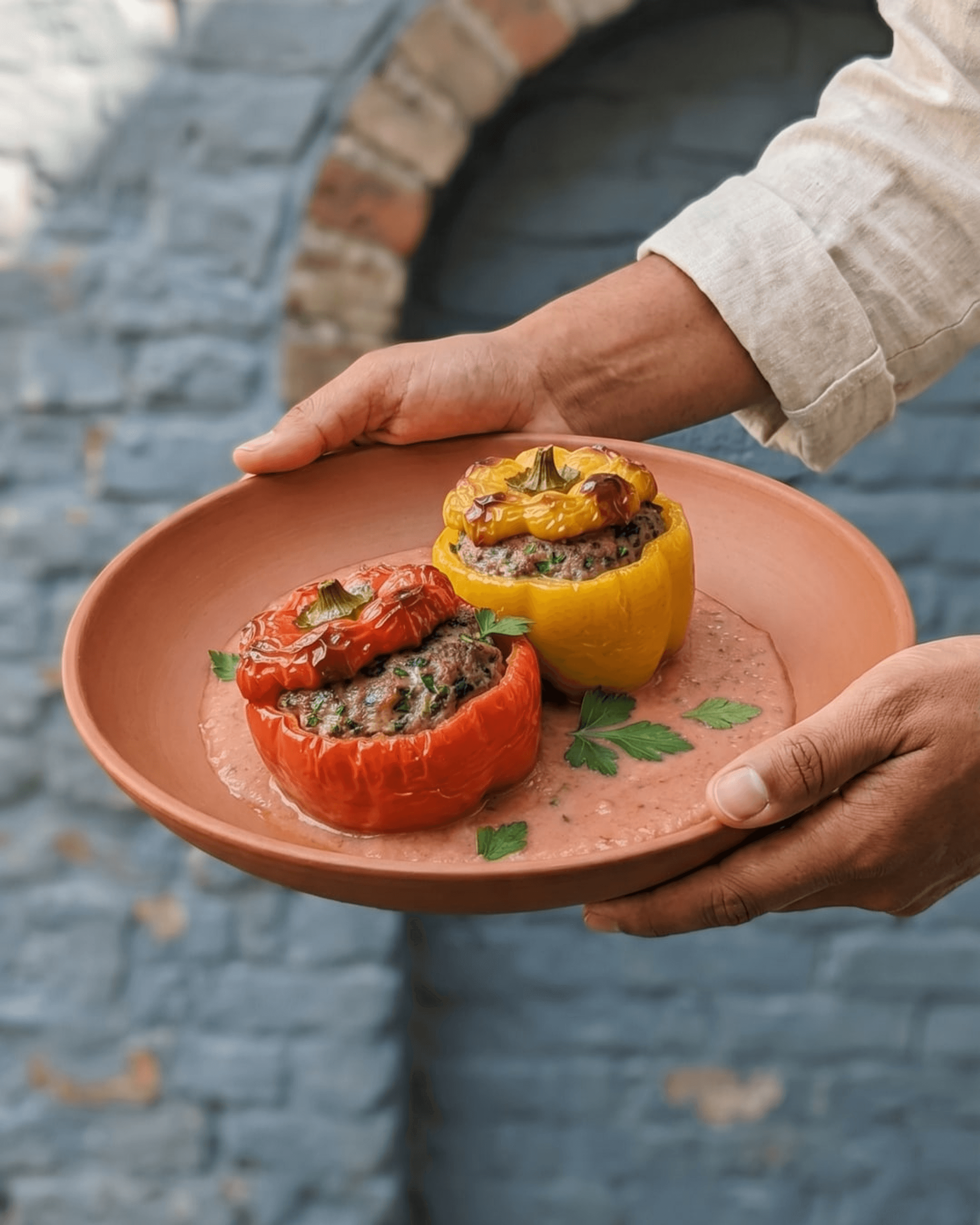 Stuffed Bell Peppers with Meat Filling in Tomato Cream Sauce