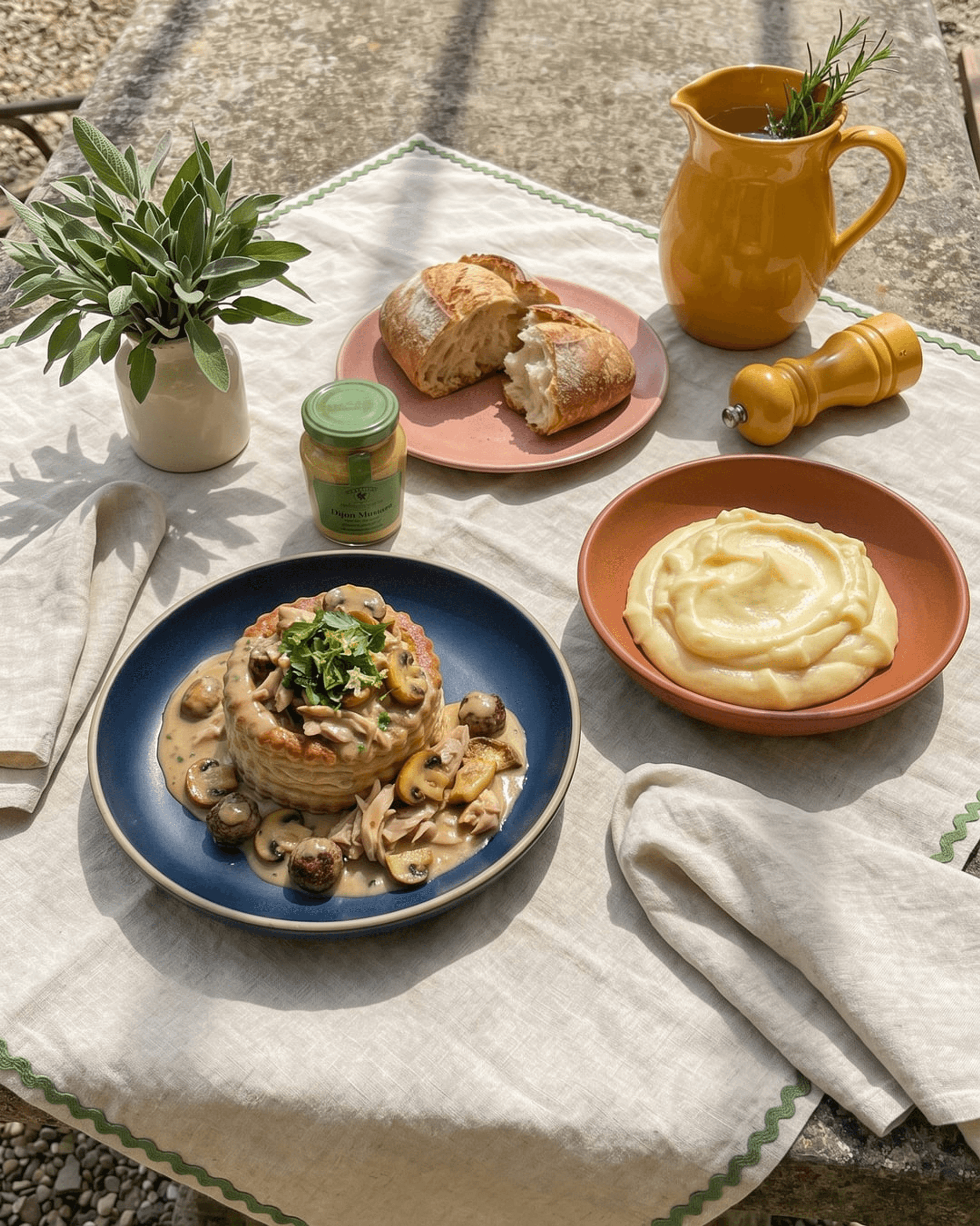 Vol-au-Vent with Chicken, Mushrooms and Cream Sauce, with Buttery Mashed Potato