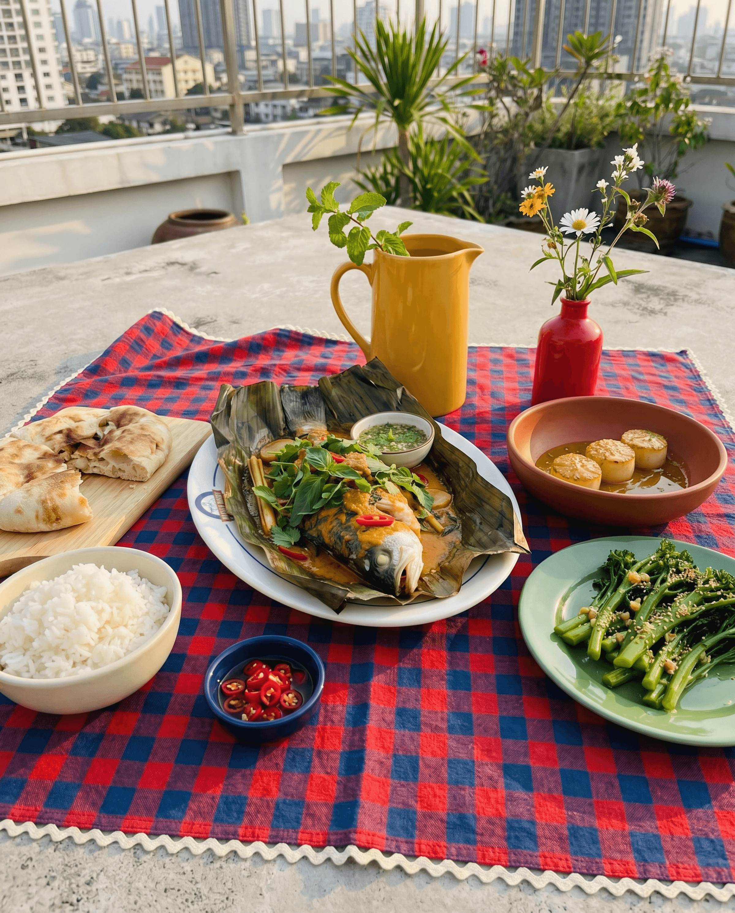 Whole Fish Steamed in Banana Leaf with Red Curry, Lemongrass, Chilli and Fresh Herbs