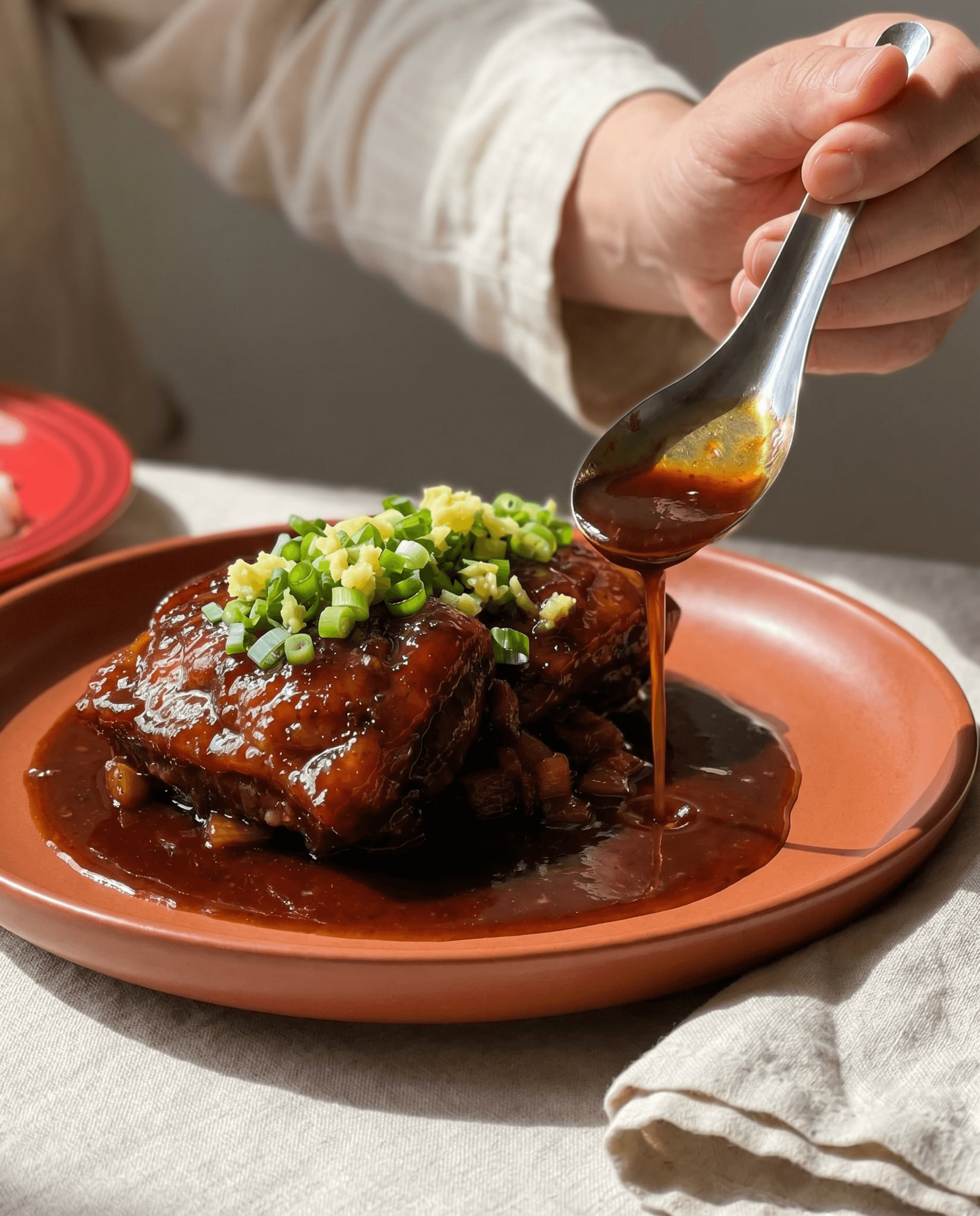 Braised Pork Belly in Dark Soy and Spice Sauce with Crushed Potato and Zucchini