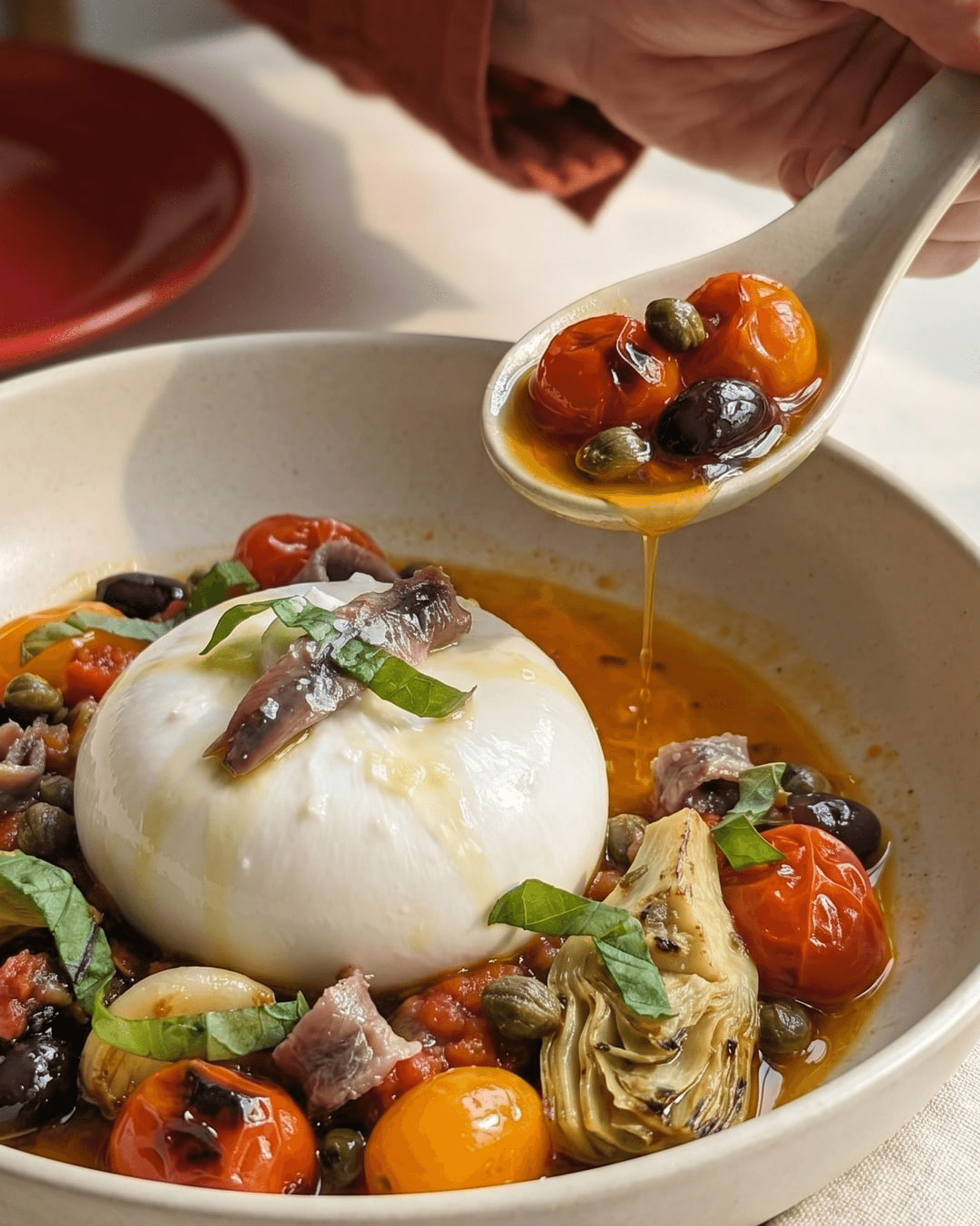 Burrata with Puttanesca Vegetables, Cherry Tomatoes, Olives, Artichokes, Anchovies and Basil