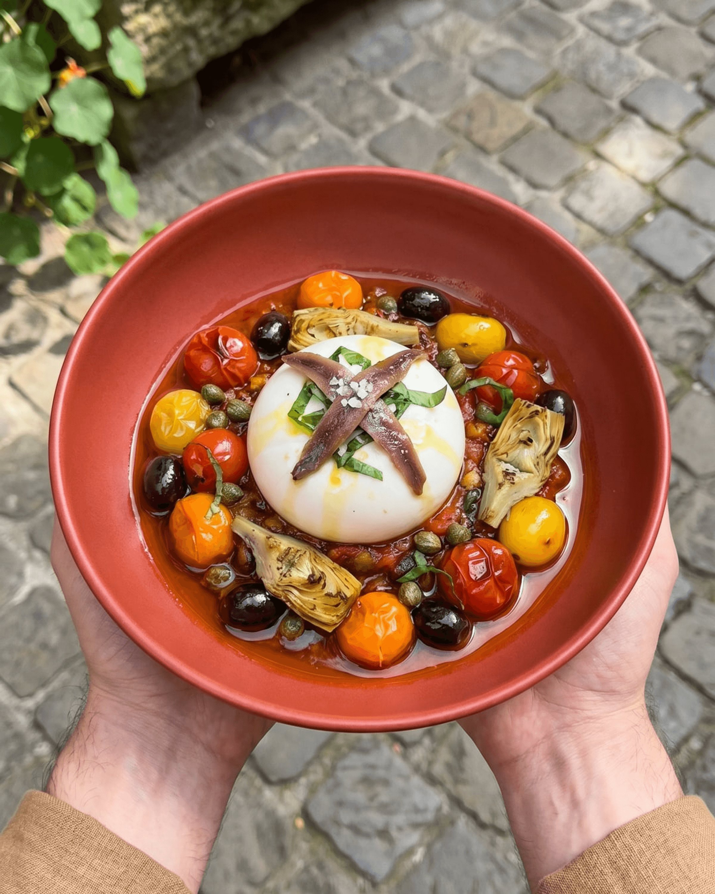 Burrata with Puttanesca Vegetables, Cherry Tomatoes, Olives, Artichokes, Anchovies and Basil
