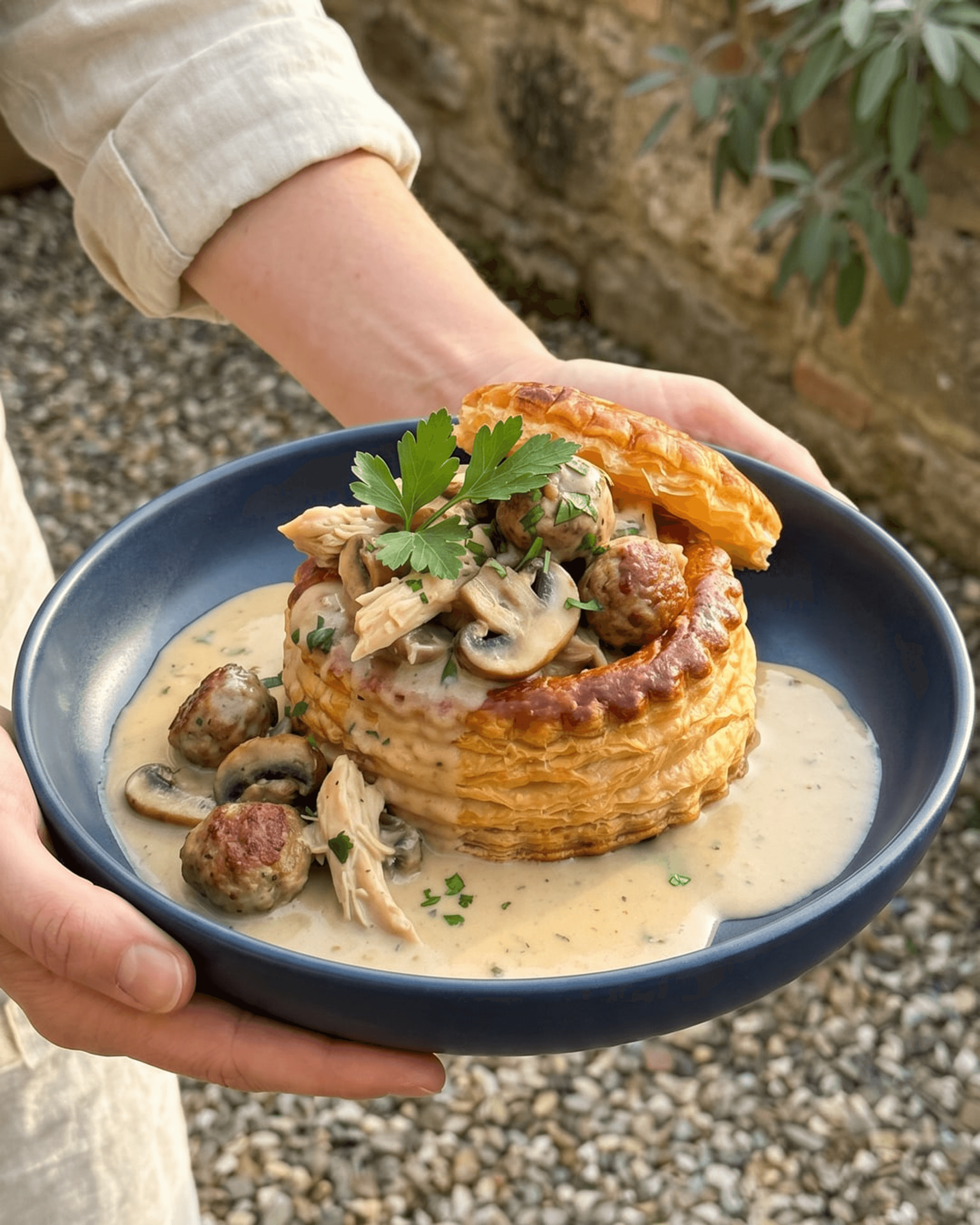 Vol-au-Vent with Chicken, Mushrooms and Cream Sauce, with Buttery Mashed Potato