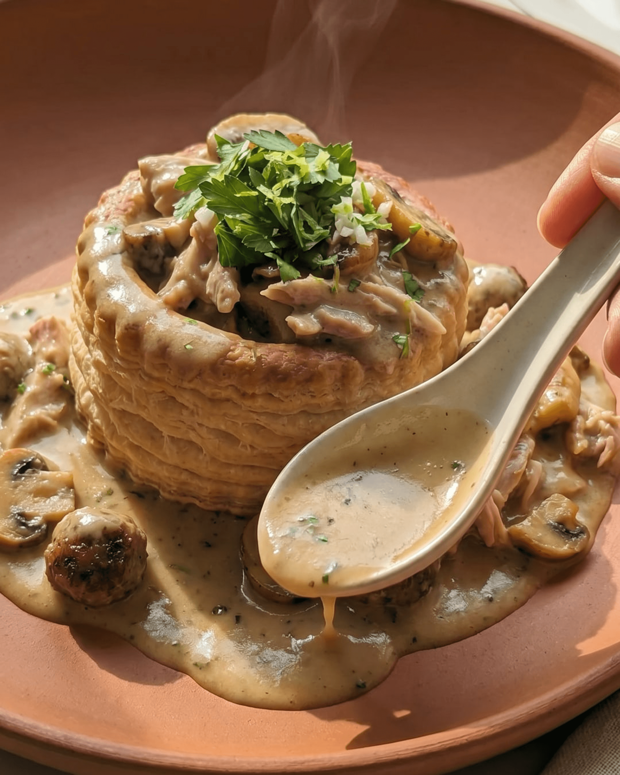 Vol-au-Vent with Chicken, Mushrooms and Cream Sauce, with Buttery Mashed Potato