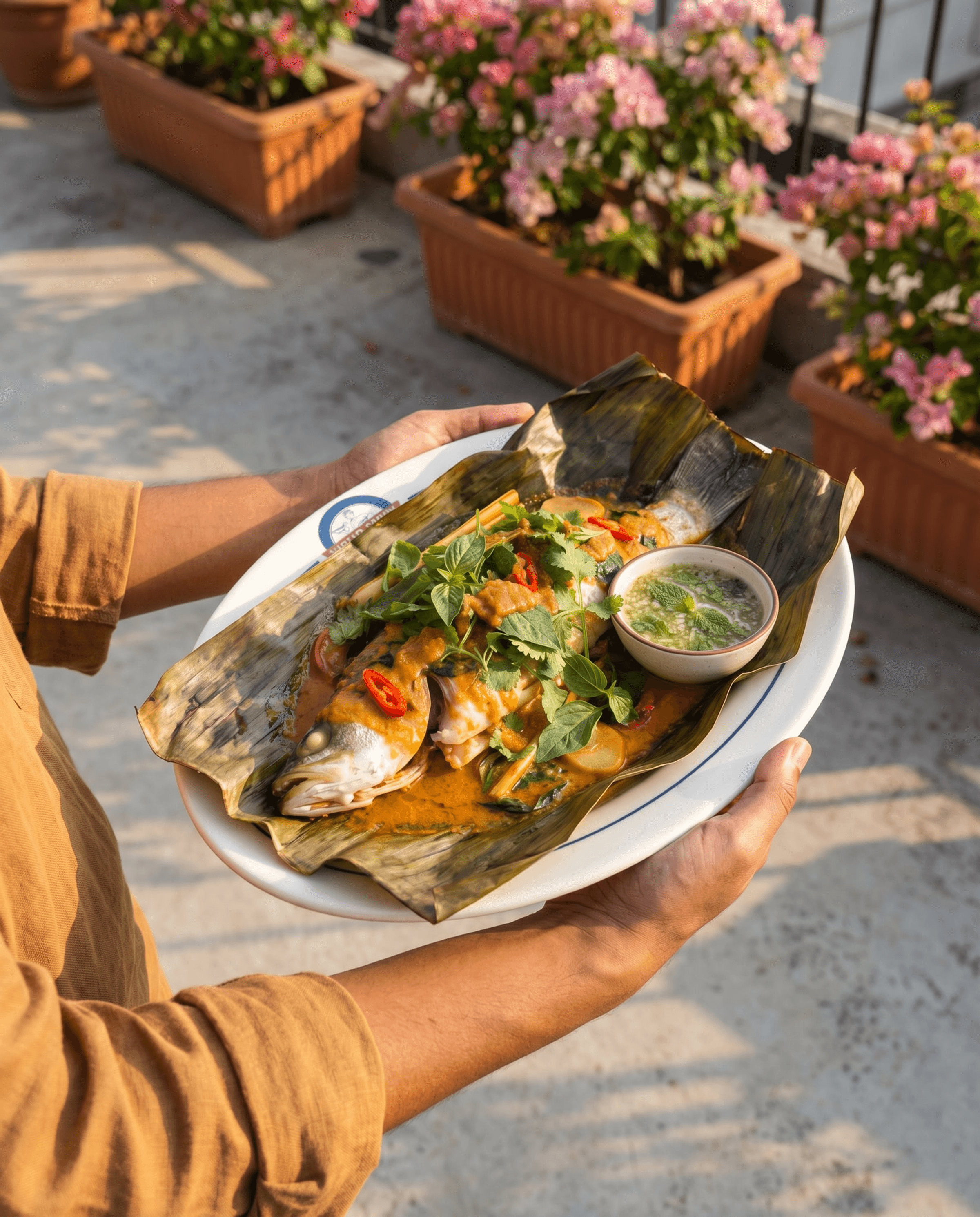 Whole Fish Steamed in Banana Leaf with Red Curry, Lemongrass, Chilli and Fresh Herbs