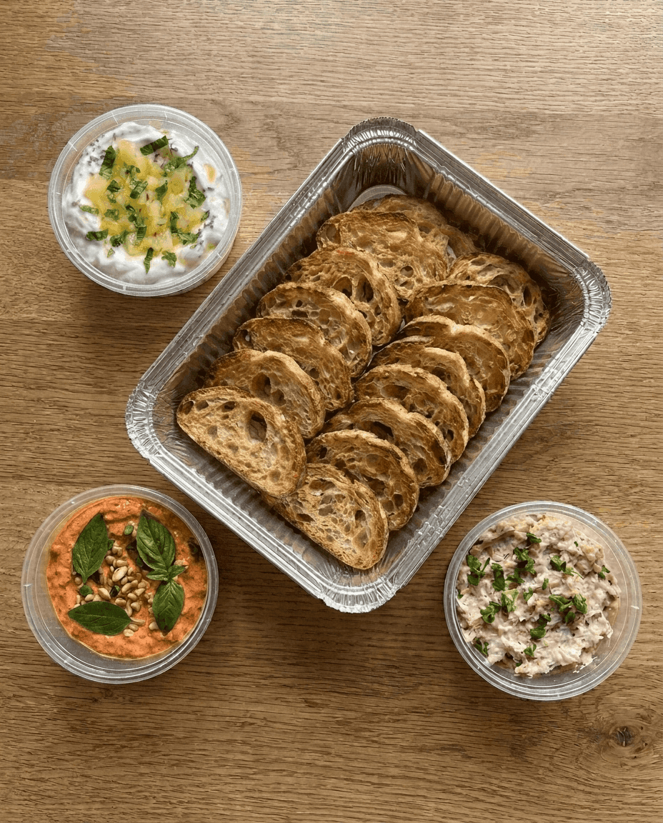 Artisan Sourdough Aperitif Trio with Preserved Lemon Labneh, Thai Basil Pepper Dip, and Bistro Tuna Rillettes packaging
