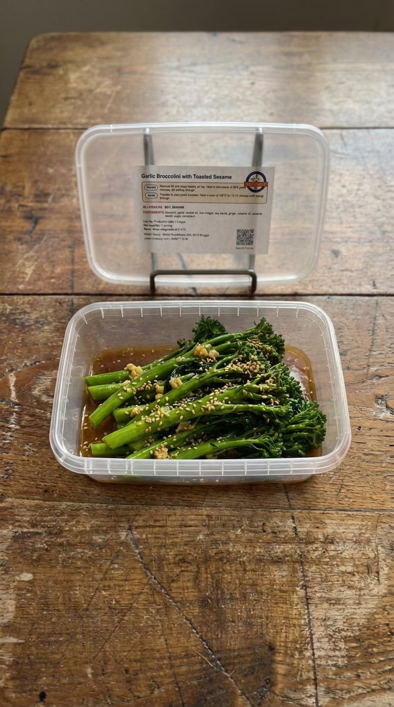 Broccolini glacé à l'ail, sésame grillé et vinaigre de riz packaging