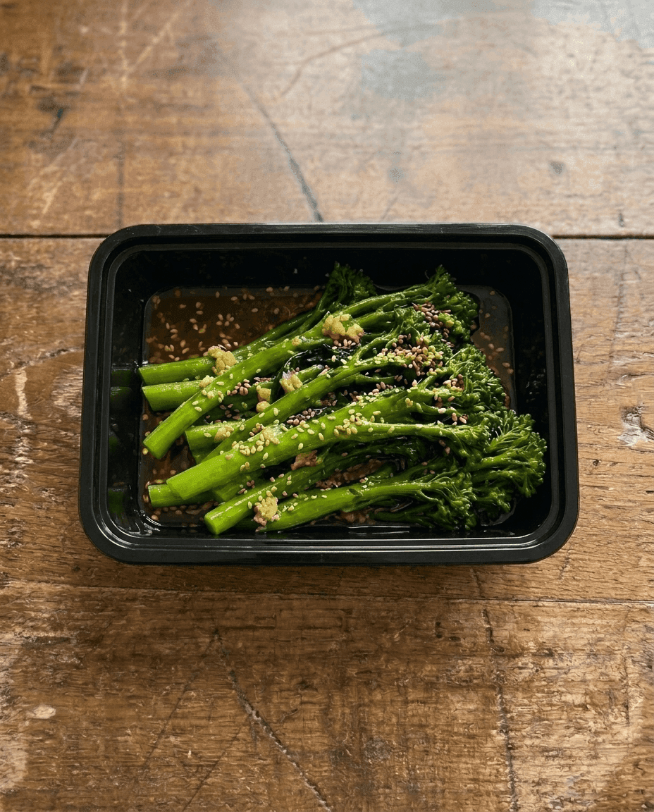 Broccolini glacé à l'ail, sésame grillé et vinaigre de riz packaging