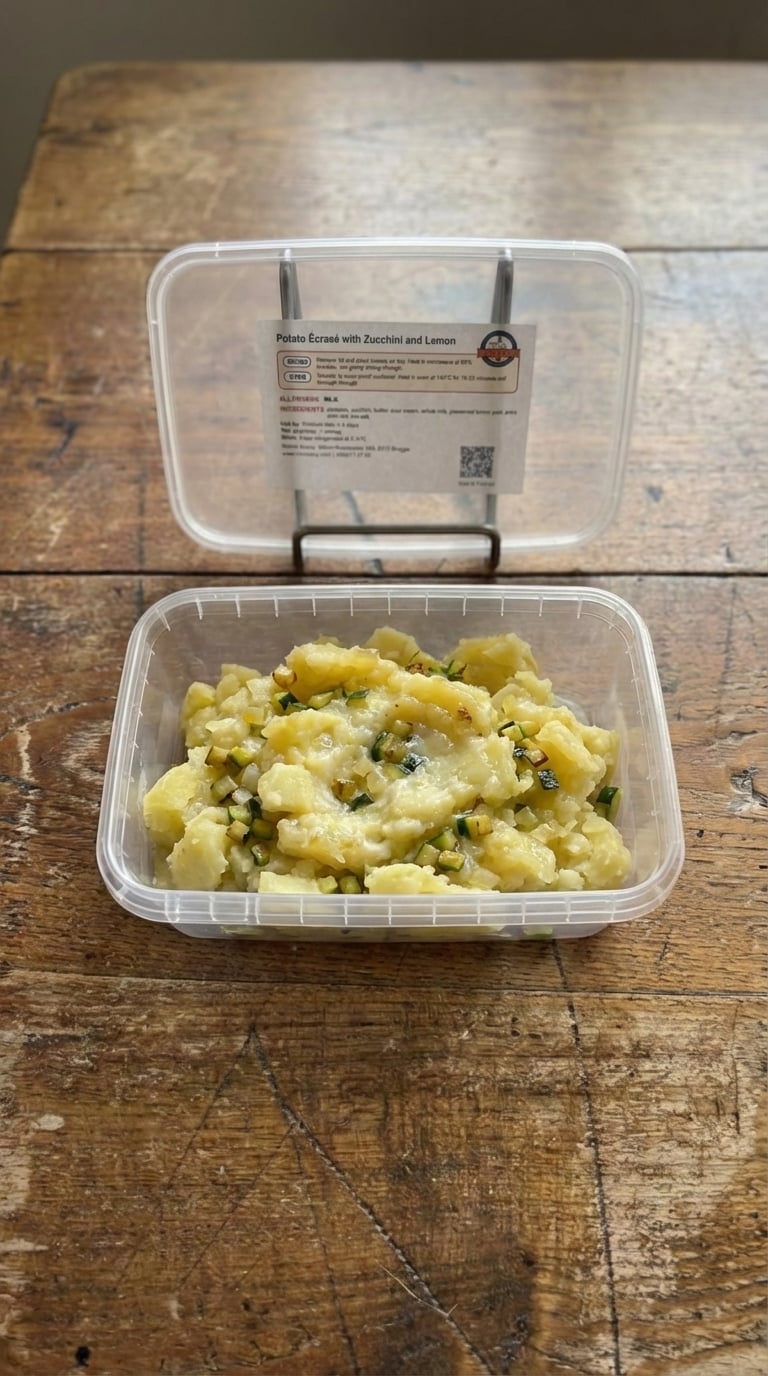 Écrasé de pommes de terre grumeleux aux courgettes en brunoise et citron confit packaging