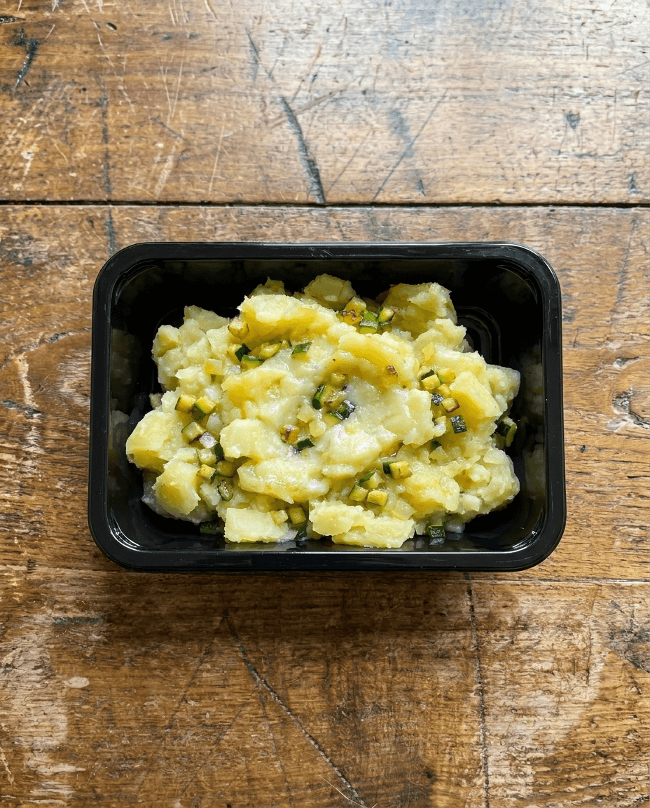 Écrasé de pommes de terre grumeleux aux courgettes en brunoise et citron confit packaging