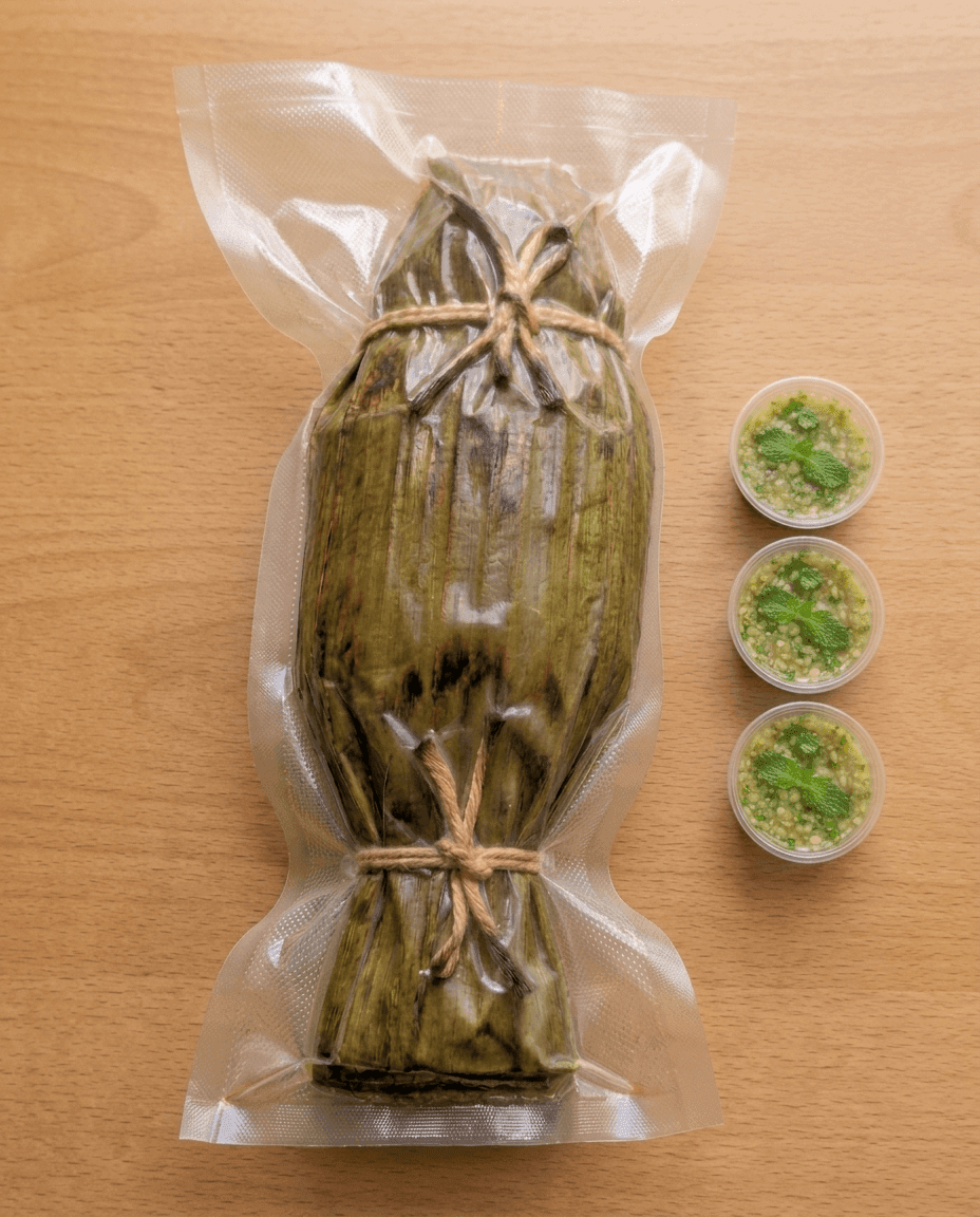 Herbal Red Curry Steamed Whole Sea Bass in Banana Leaves de Mr. Saucy packaging
