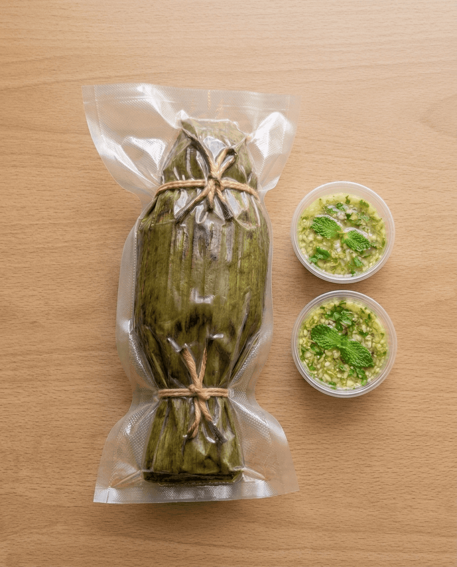 Herbal Red Curry Steamed Whole Sea Bass in Banana Leaves de Mr. Saucy packaging