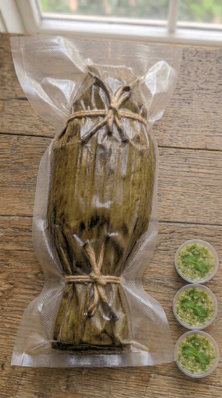 Bar entier à la vapeur en feuilles de bananier, curry rouge aux herbes packaging