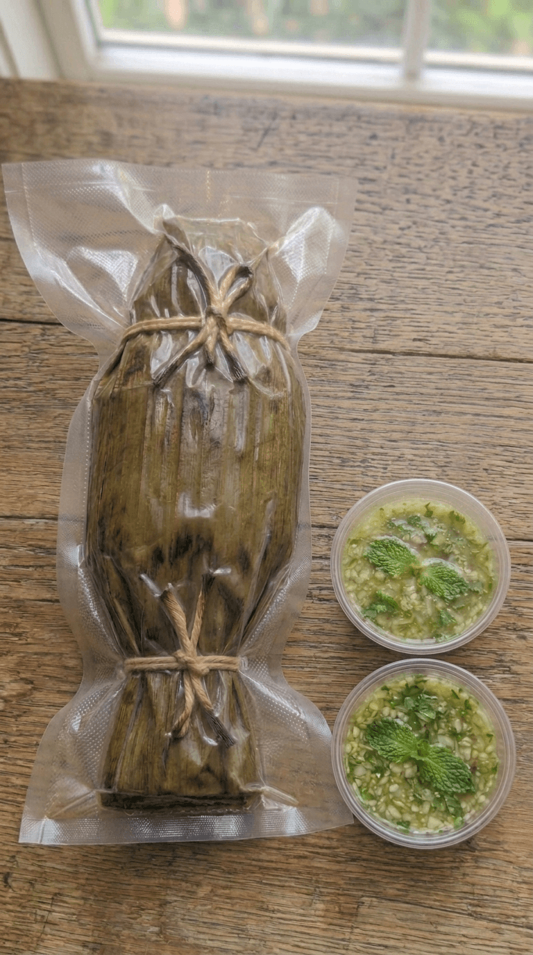 Bar entier à la vapeur en feuilles de bananier, curry rouge aux herbes packaging