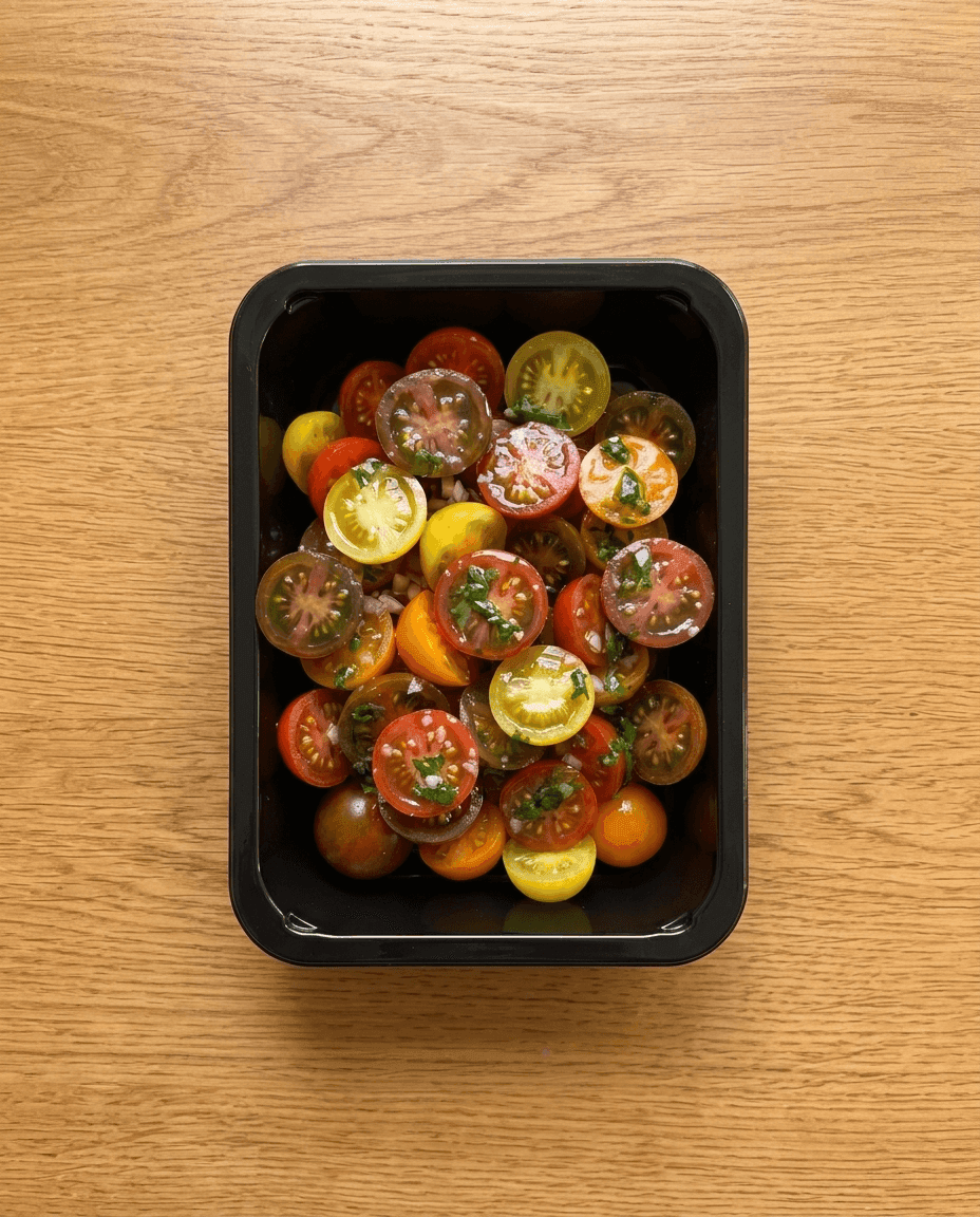 Multi-Colored Cherry Tomato Salad with Wild Garlic Oil & Dual-Vinegar Dressing de Mr. Saucy packaging