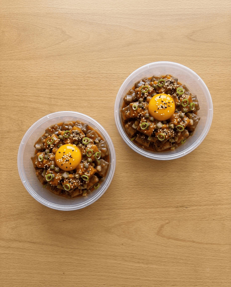 Tataki Beef Cube Tartare with Gochujang-Dijon Mayo & Confit Egg Yolk de Mr. Saucy packaging