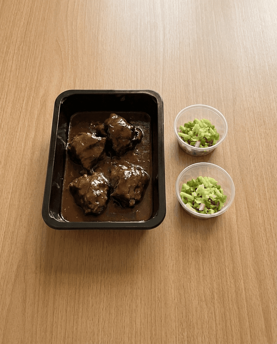 Gochujang-Braised Pork Cheeks 'Grand Veneur' with Ginger-Scallion Gremolata de Mr. Saucy packaging