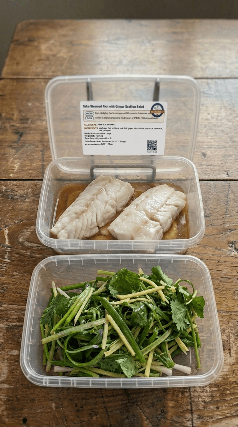 Sake-Steamed Sea Bream with Ginger-Scallion Sizzle and Gochugaru Infusion packaging