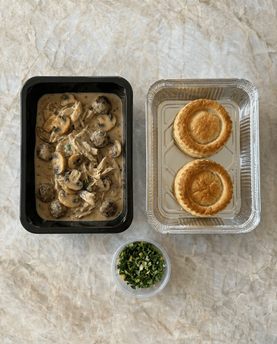 Vol-au-vent au poulet façon Adobo : gingembre, cognac, gremolata citron-ail et boulettes saisies packaging