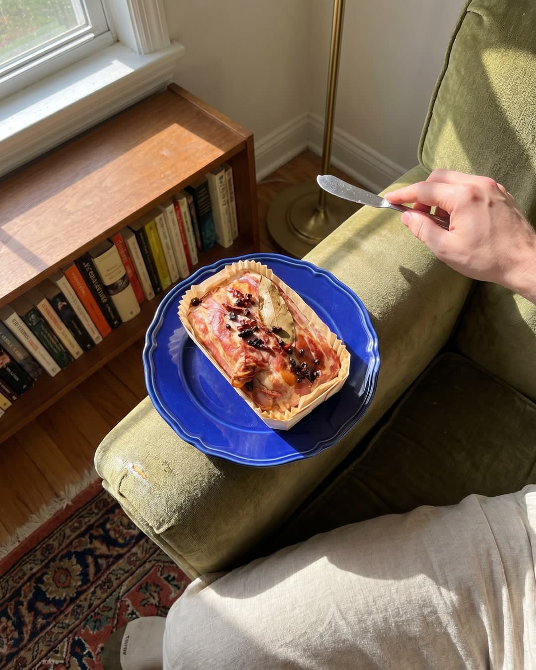 Une personne assise dans un fauteuil en velours vert mousse, tenant un couteau à beurre au-dessus d'un pâté rustique sur une assiette bleu cobalt, baignée par la lumière chaude de l'après-midi filtrant par une fenêtre voisine.