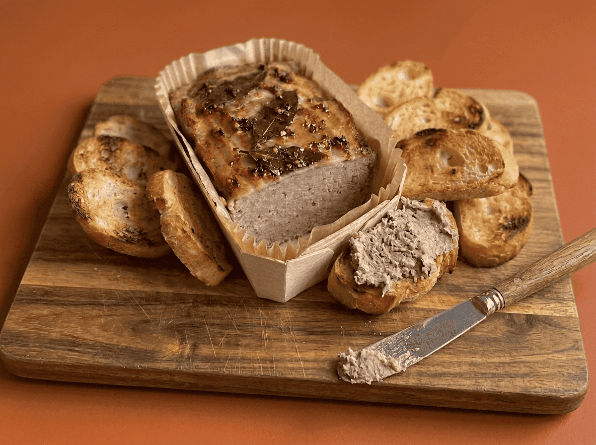 Een versleten houten snijplank op een terracotta achtergrond houdt een rechthoekige landpaté in een papieren bakje, omringd door geroosterde baguetteplakjes en een mes met paté op één stuk.