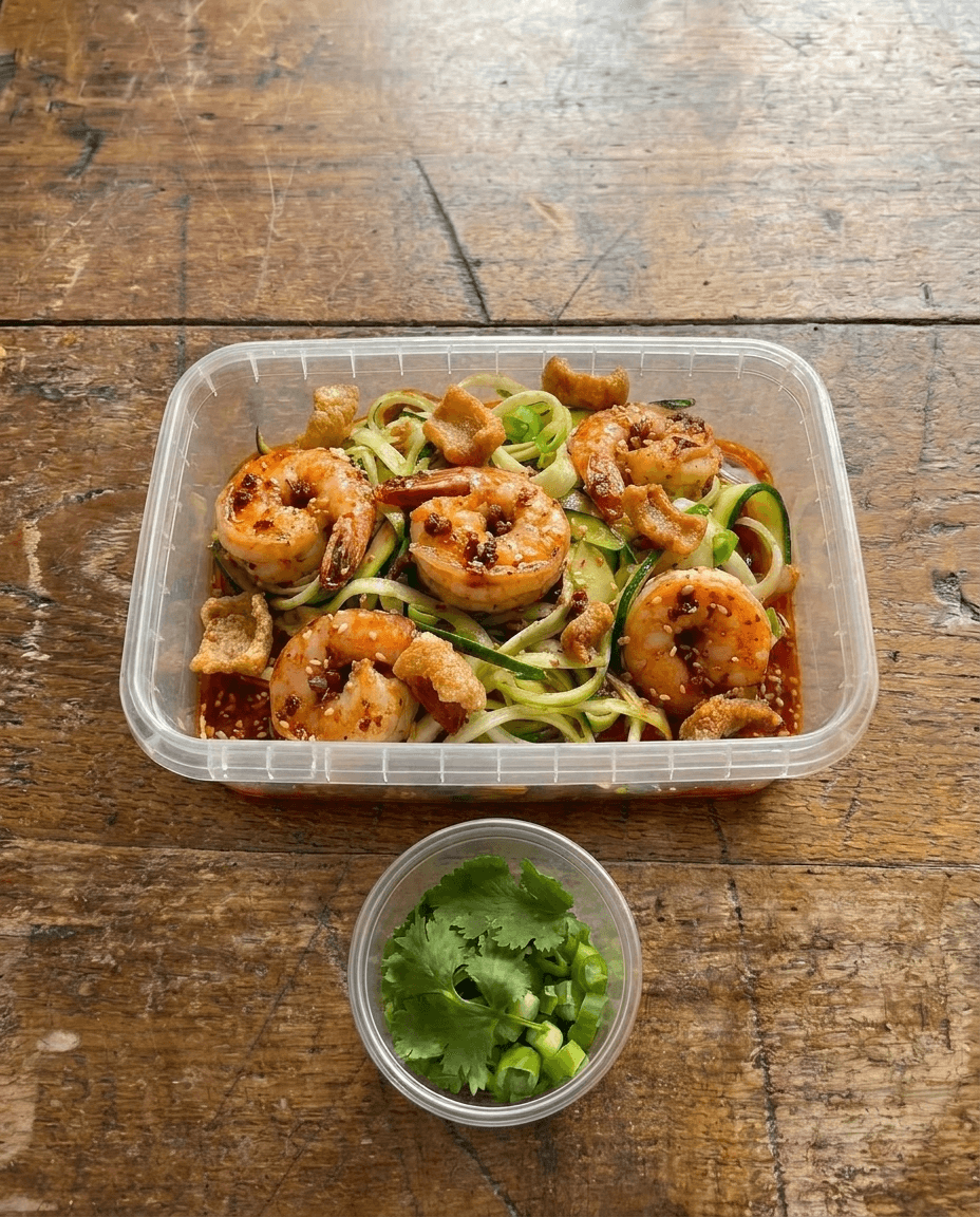 Sichuan Sesame Gambas with Shaved Fennel-Zucchini 'Noodles' and Pork Crackling packaging