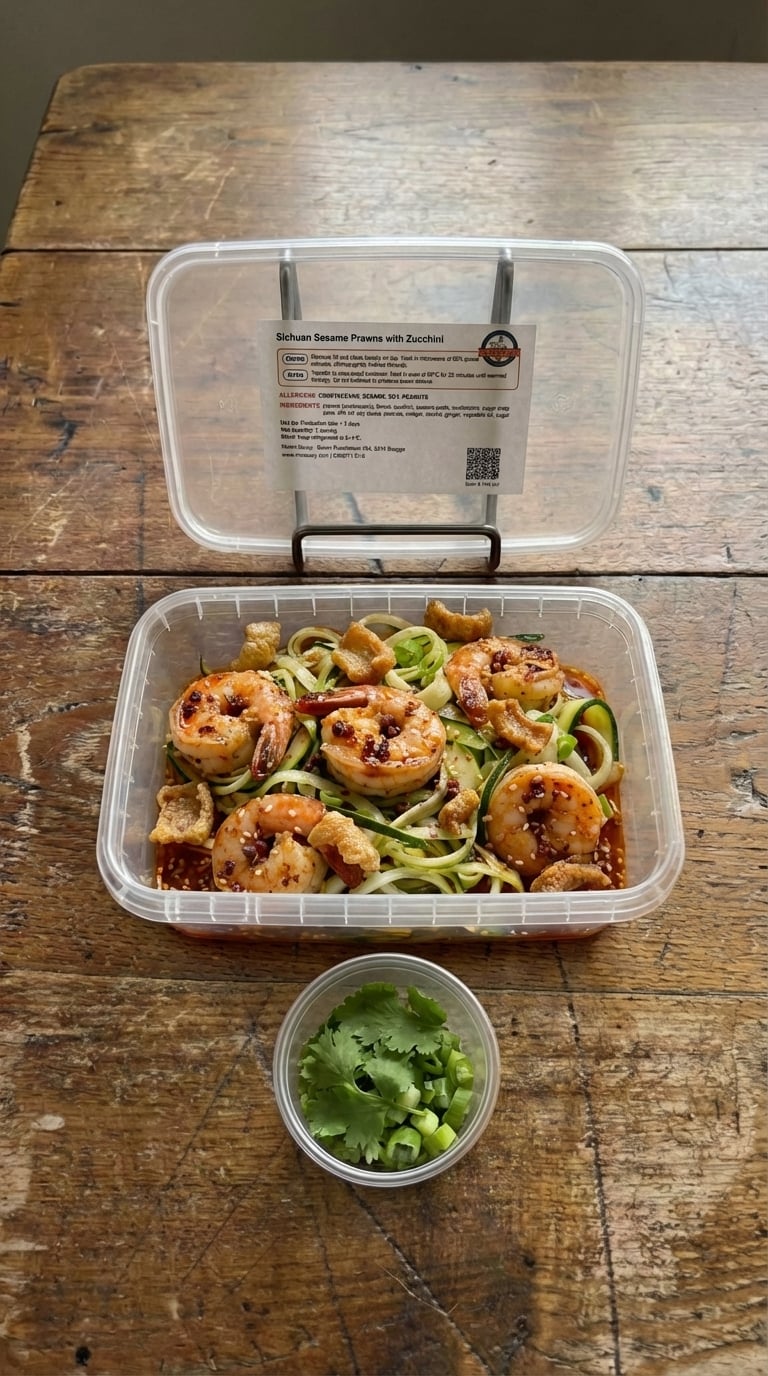 Sichuan Sesame Gambas with Shaved Fennel-Zucchini 'Noodles' and Pork Crackling packaging
