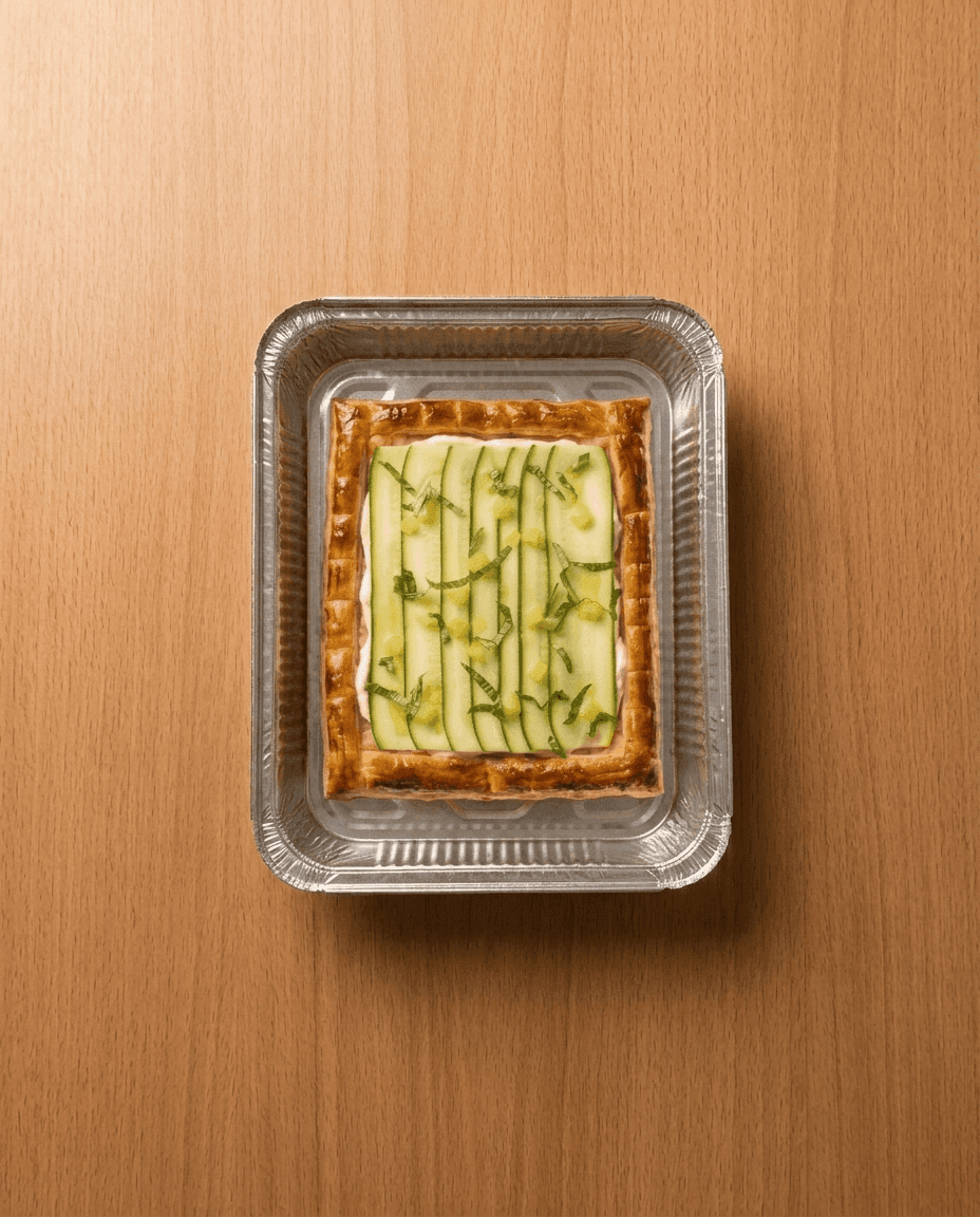 Courgette, Gemarineerde Citroen & Munt Aperitief Taart op St Moret Crèmebasis van Mr. Saucy packaging