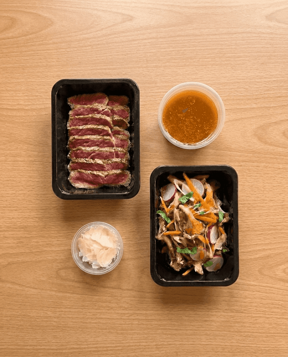 Filet de bœuf glacé au beurre et sauce soja avec salade de champignons pleurotes style coréen et basilic thaï de Mr. Saucy packaging