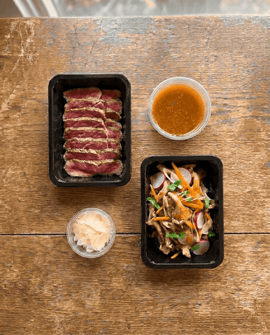 Ossenhaas met soja-boterglazuur en Koreaanse oesterzwammen-Thaise basilicumsalade packaging