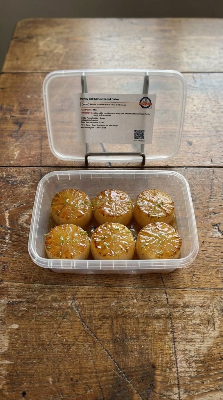 Citrus-Honey Glazed Daikon with Beurre-Monté Sauce packaging