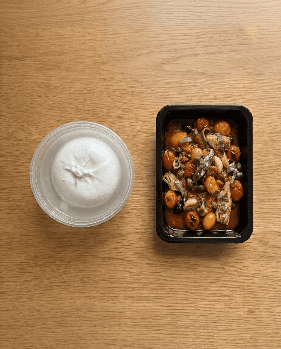 Whole Burrata alla Puttanesca van Mr. Saucy packaging