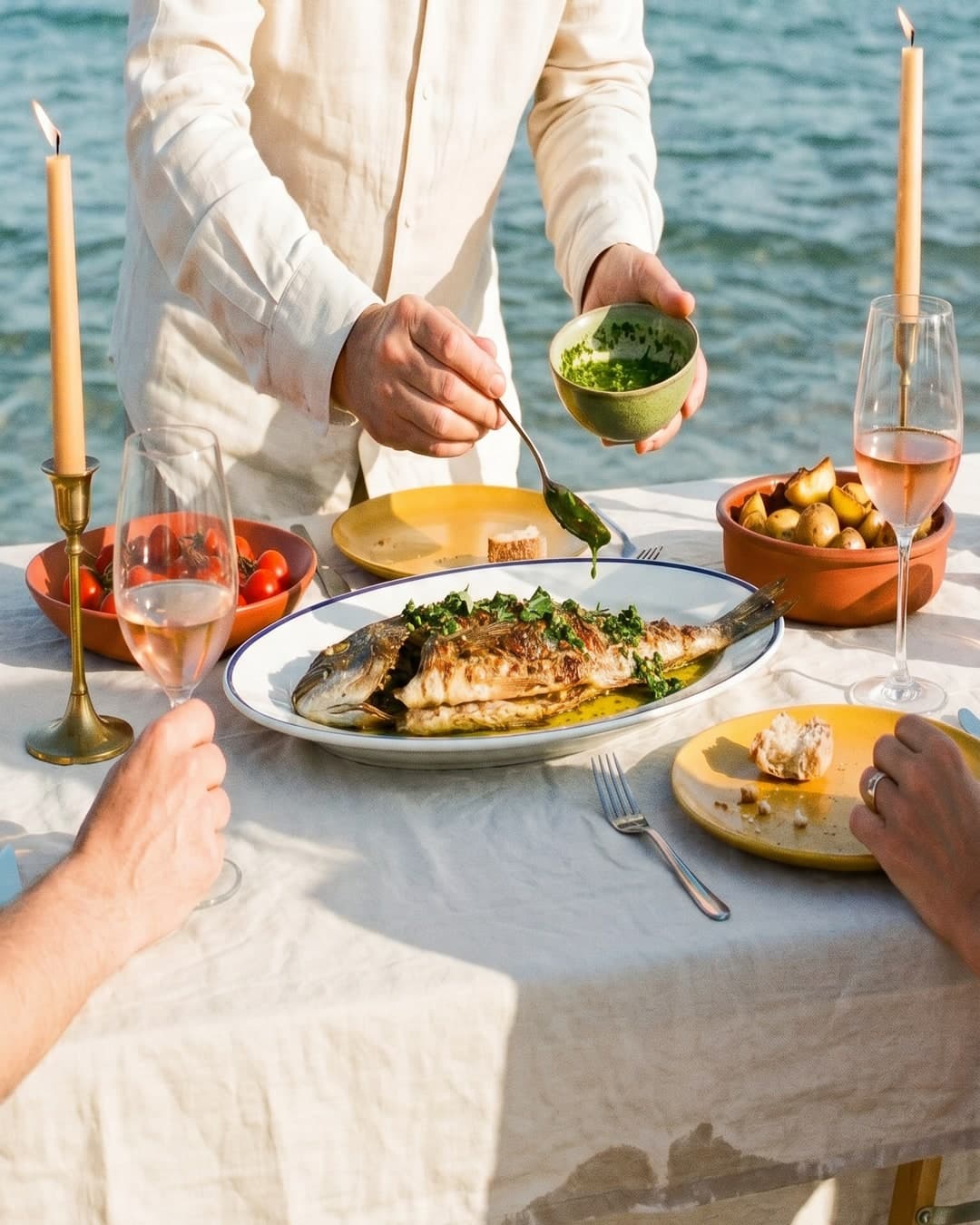 Dîner en plein air pour quatre personnes avec un poisson entier grillé, du rosé, des bougies et une eau baignée de soleil