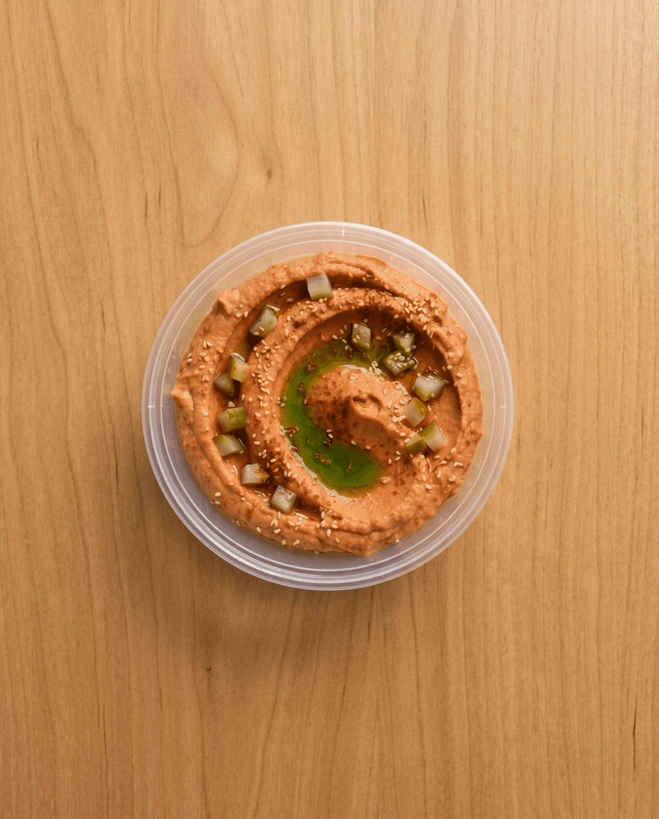 Gochujang Hummus met Gemarineerde Courgette en Wildeknoflookolie van Mr. Saucy packaging