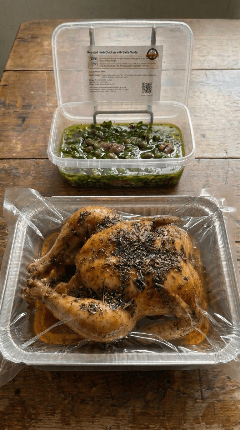Poulet rôti aux herbes dans un Green Egg avec salsa verde européenne packaging