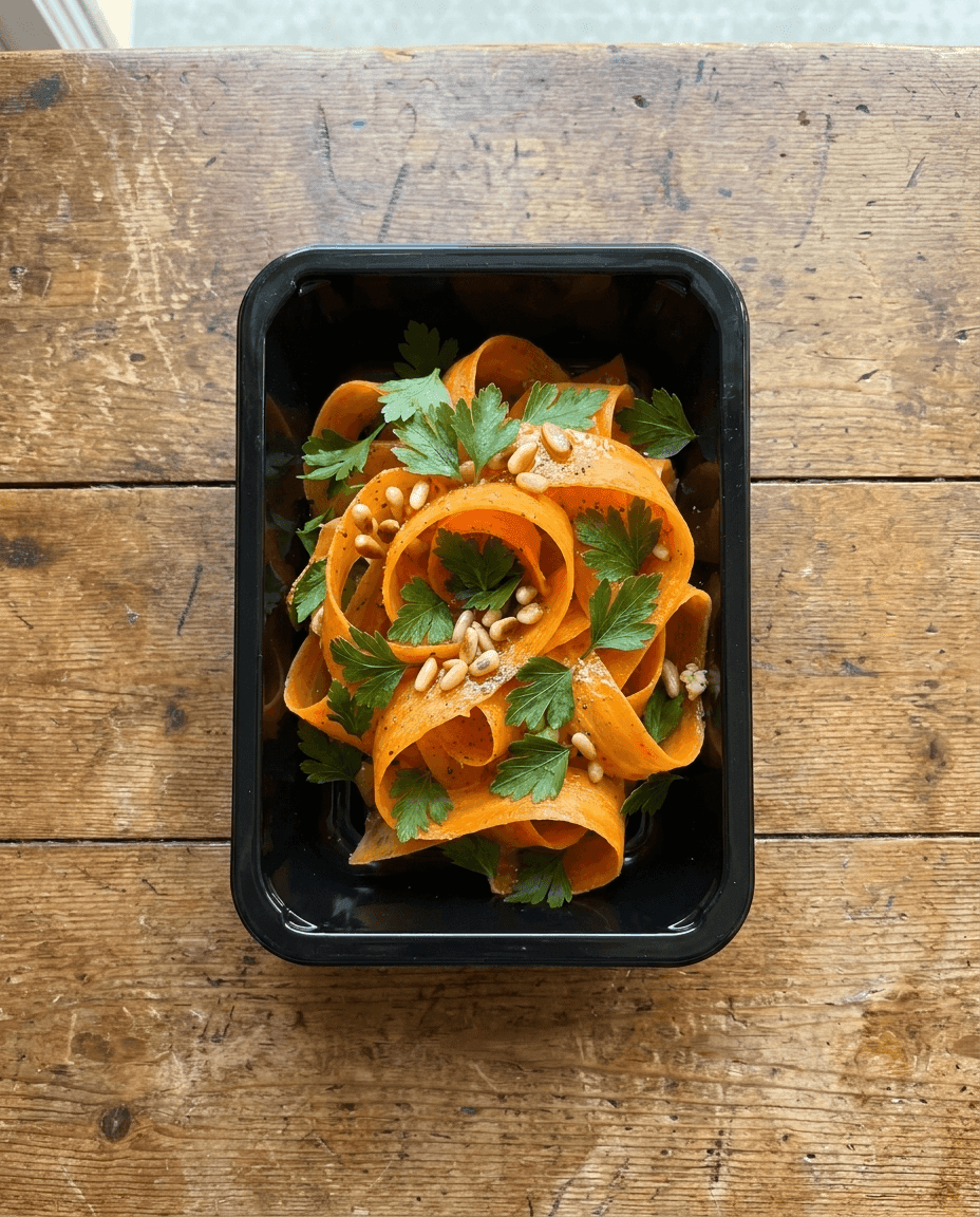 Algerian-Inspired Citrus Carrot Ribbon Salad with Cumin and Toasted Pine Nuts packaging