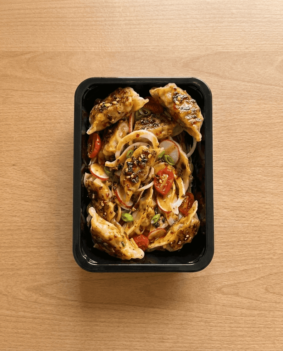 Spicy Vegetable Gyoza and Shaved Fennel Salad with Blistered Tomatoes and Radish de Mr. Saucy packaging