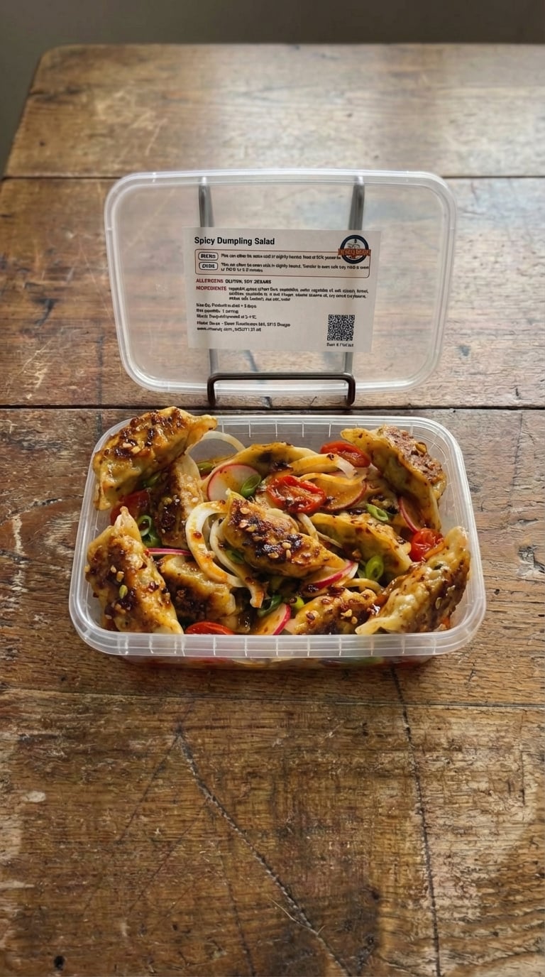 Spicy Vegetable Gyoza and Shaved Fennel Salad with Blistered Tomatoes and Radish packaging