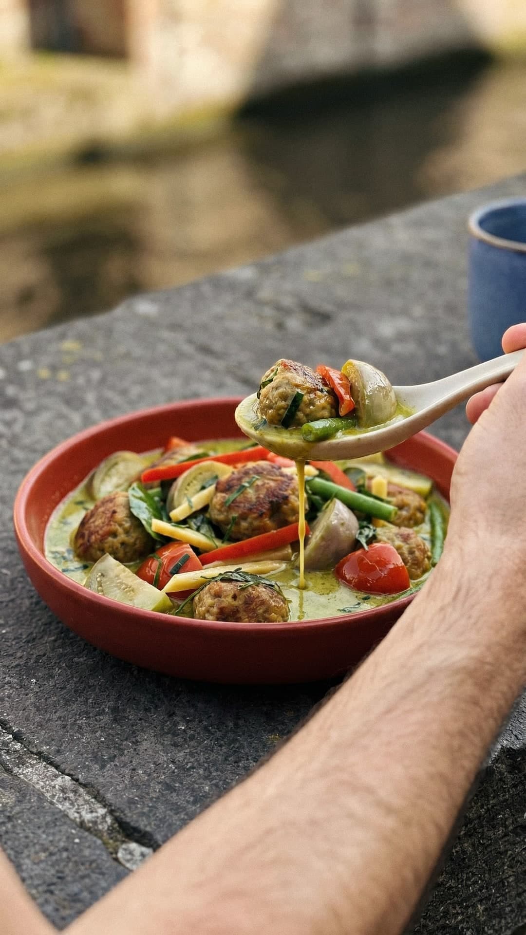 Une main soulève une cuillère en céramique d'un bol peu profond en terre cuite contenant un curry vert aux boulettes de viande et légumes, posé sur un rebord en pierre à Bruges.