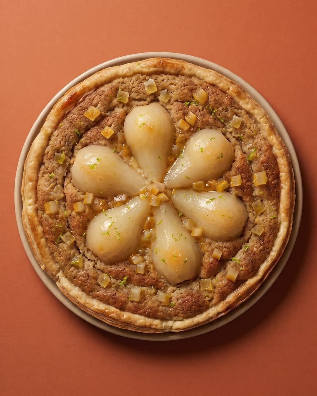 Round pear tart with poached pears on a plate against a warm terracotta background
