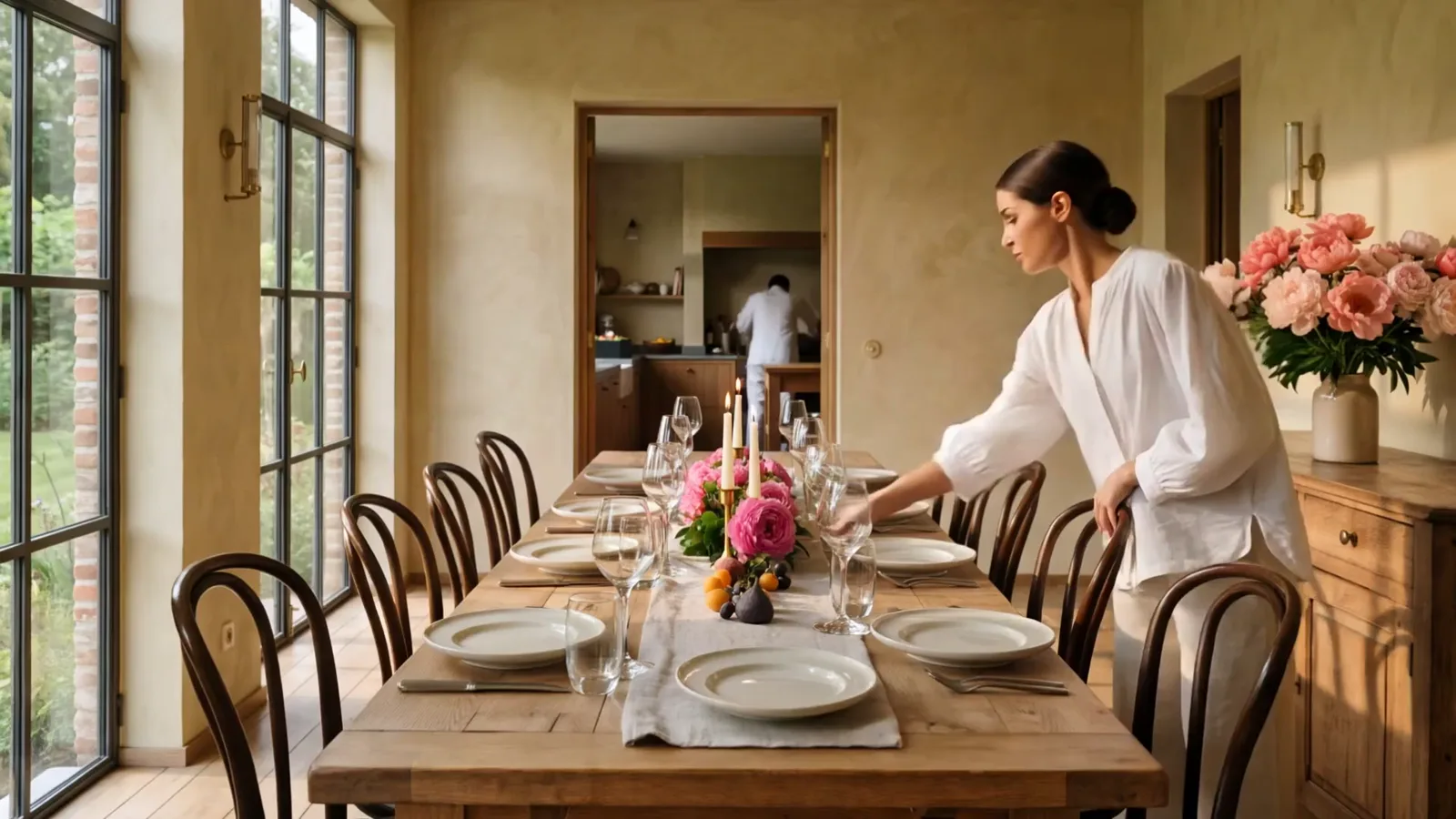 A dining table set for eight, candles lit, the host stepping back from it.