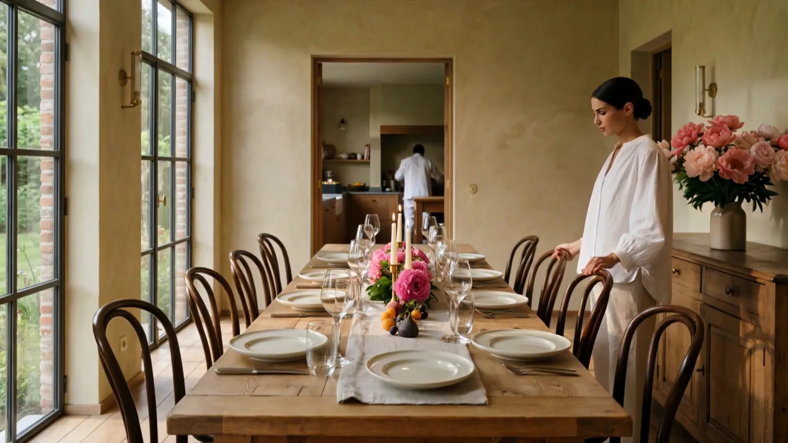 Guests taking their places around a candlelit dining table in a Belgian home.